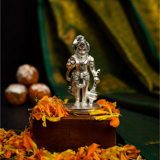 Standing Bajrangbali Hanuman Idol for Home Decor 999 Silver Plated Sculpture of Hanuman for Home, Office, Temple and Table Decoration Religious Idol for Pooja, Gift