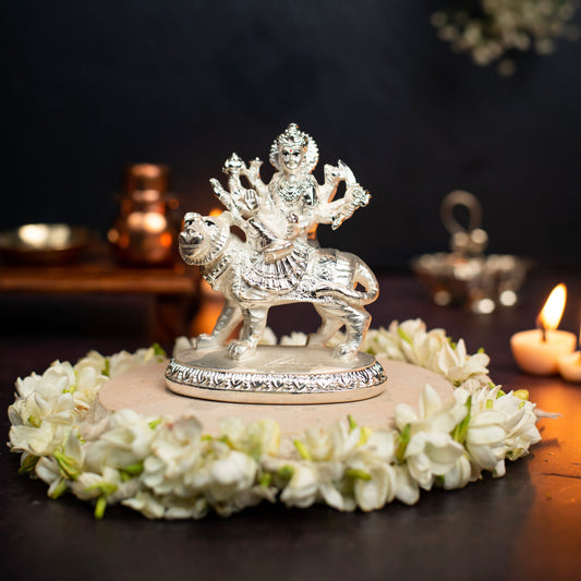 BELYSA COLLECTIVE Durga Mataji Idol for Home Decor 999 Silver Plated Sculpture of Durga for Home, Office, Temple and Table Decoration Religious Idol for Pooja, Gift