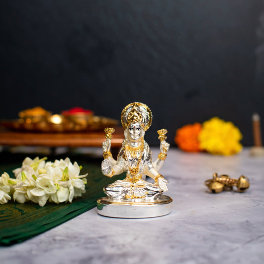 Laxmi Sitting on Oval Base Idol for Home Decor 24K Gold and 999 Silver Plated Sculpture of Laxmi for Home, Office, Temple and Pooja Gift