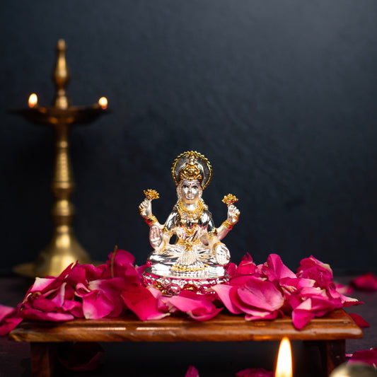 Laxmi Sitting on Lotus Base Idol for Home Decor 24K Gold and 999 Silver Plated Sculpture of Laxmi for Home, Office, Temple and Pooja Gift
