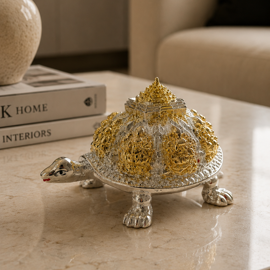 Ashtalakshmi Tortoise side view — sacred silver idol for home décor — Belysa Collective