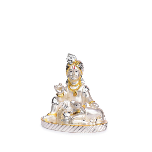 Ladoo Gopal Krishna with Cow Idol for Home Decor 24K Gold and 999 Silver Plated Sculpture of Krishna for Home, Office, Temple and Table Decoration Gift