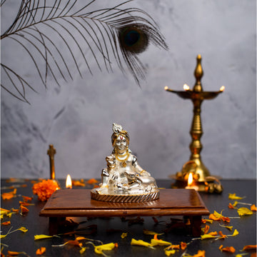 Ladoo Gopal Krishna with Cow Idol for Home Decor 24K Gold and 999 Silver Plated Sculpture of Krishna for Home, Office, Temple and Table Decoration Gift