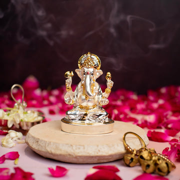 Ganpati Sitting on Oval Base Idol for Home Decor 24K Gold and 999 Silver Plated Sculpture of Ganpati for Home, Office, Temple and Pooja Gift