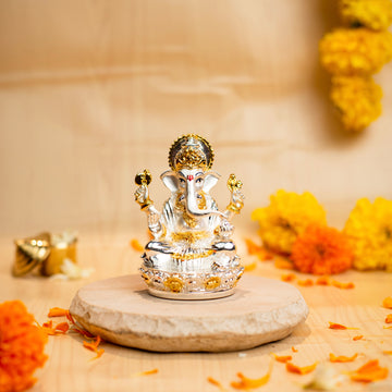 Ganpati Sitting on Lotus Base Idol for Home Decor 24K Gold and 999 Silver Plated Sculpture of Ganpati for Home, Office, Temple and Pooja Gift