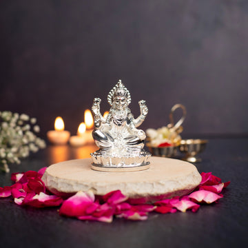 Laxmi Sitting on Flower Base Idol for Home Decor 999 Silver Plated Sculpture of Laxmi for Home, Office, Temple and Pooja Gift