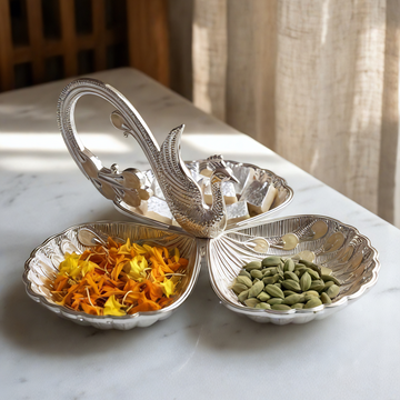 3-Section Peacock Tray Silver Plated Enamel — pooja thali — Indian home décor — Belysa Collective