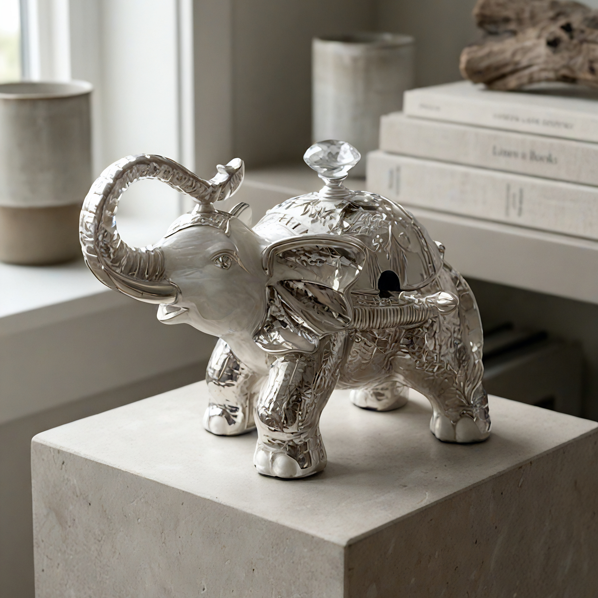 Royal Elephant Caddy Silver Plated Enamel — side view — Indian home décor — Belysa Collective