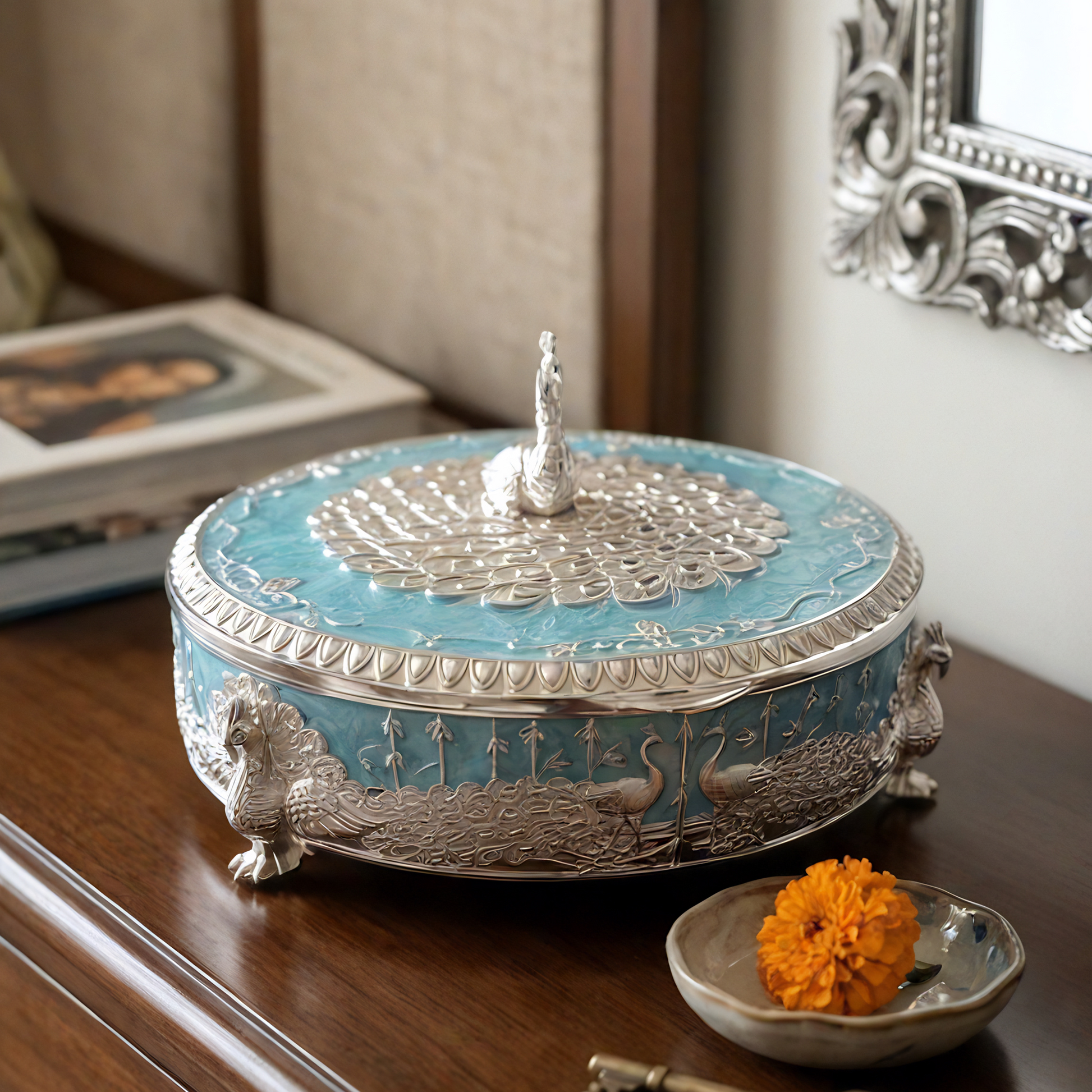 Teal Round Mukhwas Box Silver Plated Enamel — front view — Belysa Collective
