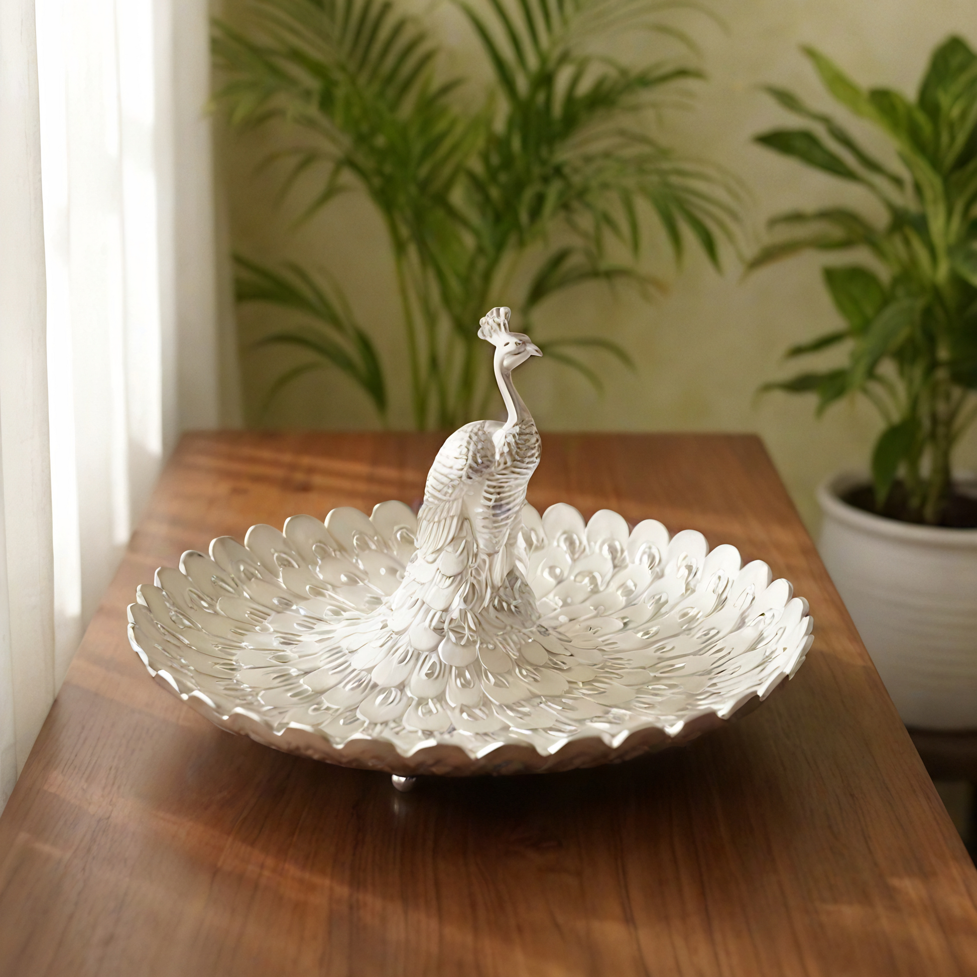 Silver peacock centrepiece — front view — auspicious gifting piece — Belysa Collective