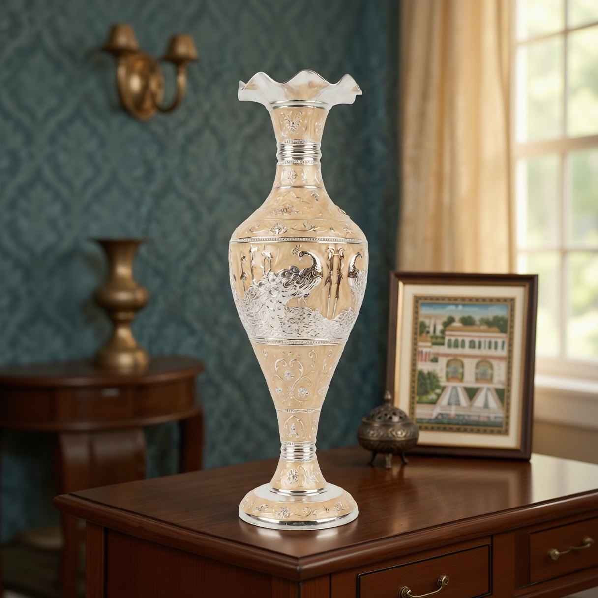 Silver Plated Decorative Vase — intricate enamel design — front view — Belysa Collective