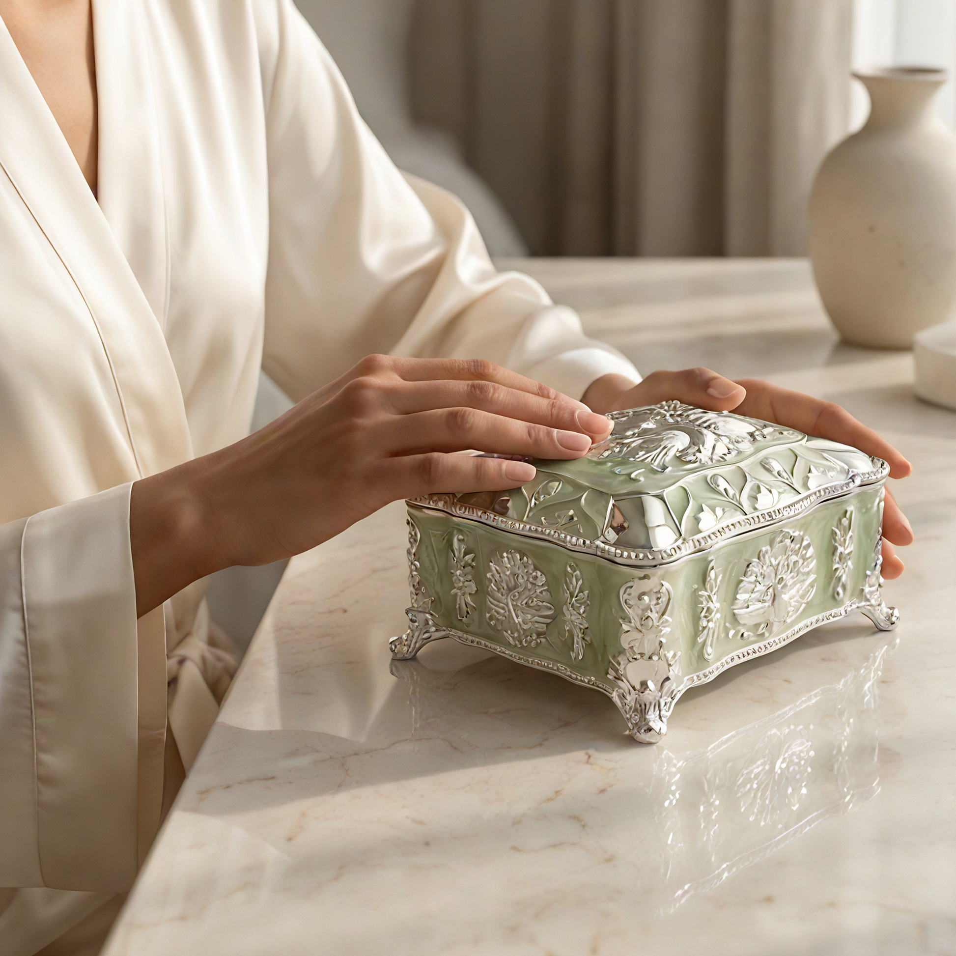 Peacock enamel jewellery box — open view — gift for women — Belysa Collective