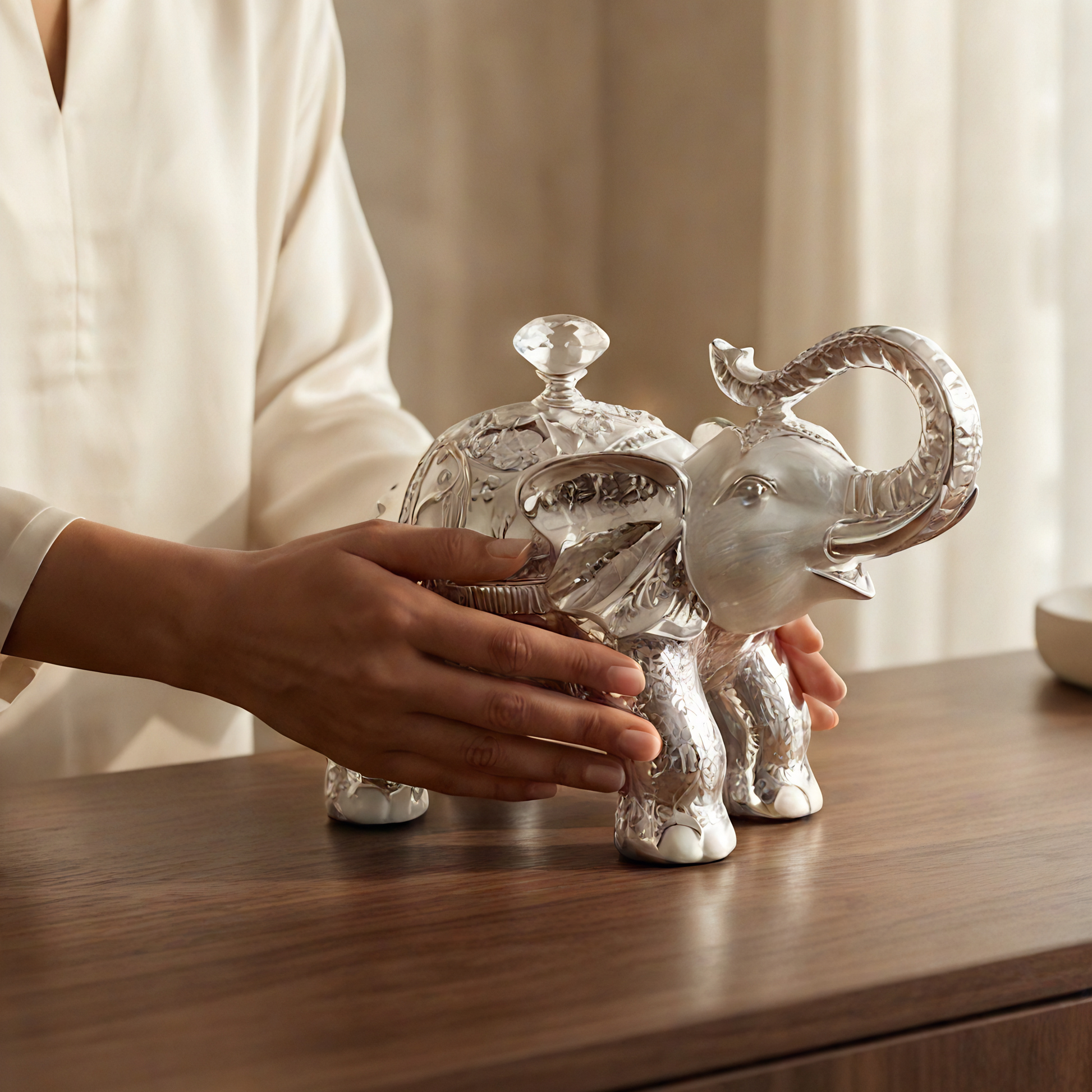 Royal Elephant Caddy 999 silver enamel — front view — versatile decorative holder — Belysa Collective