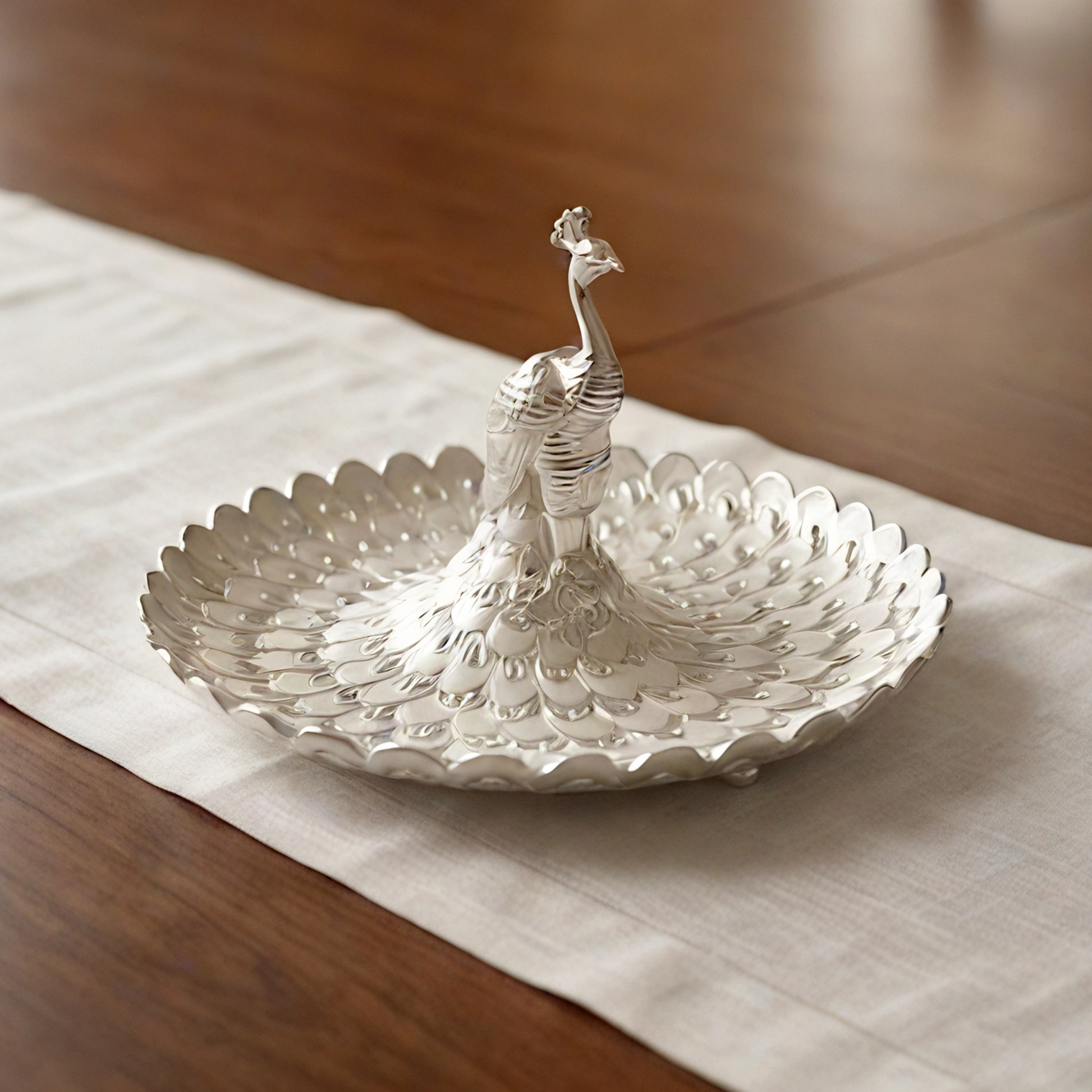 Peacock Centre Piece Silver Plated Enamel — statement living room décor — Belysa Collective