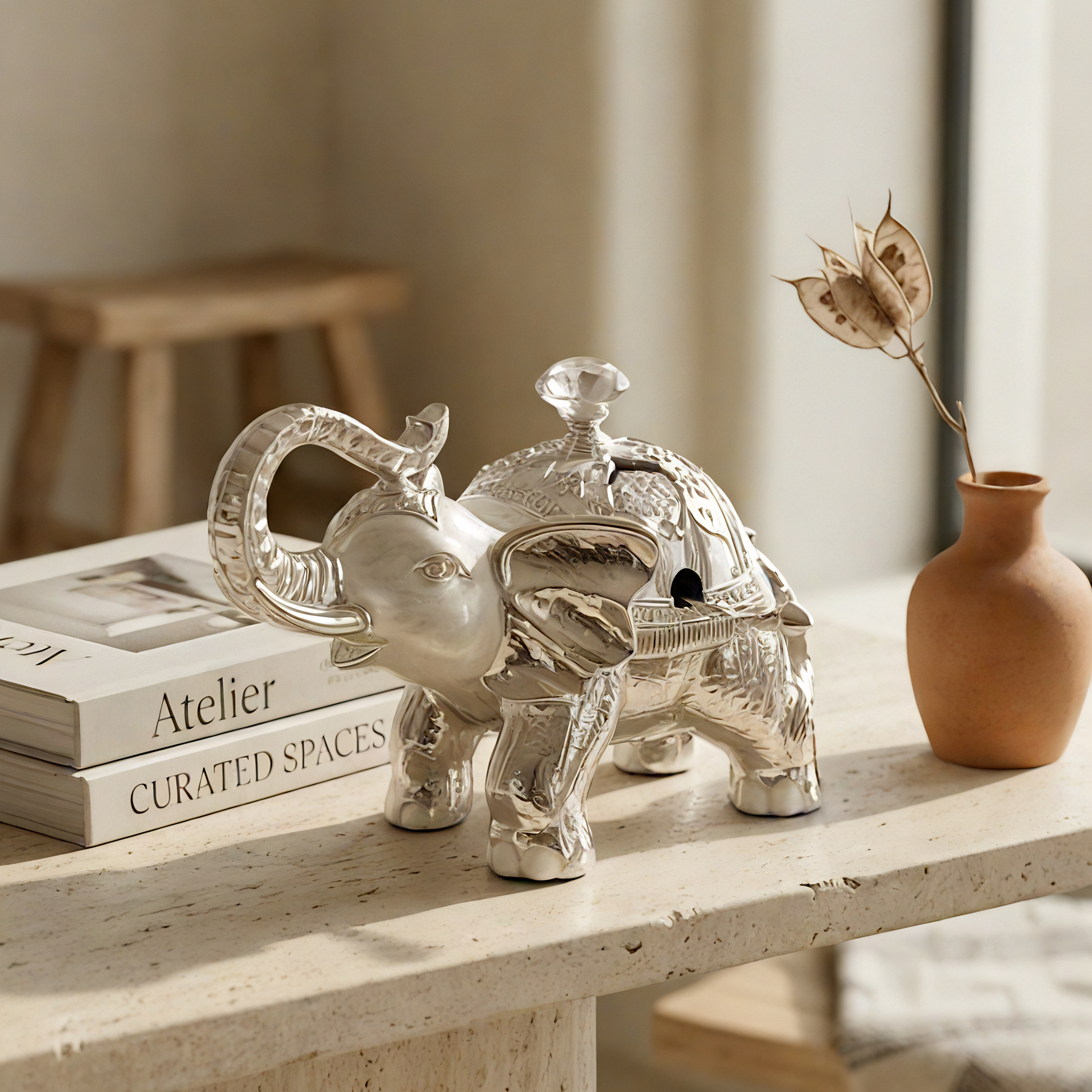 Elephant caddy silver plated enamel — decorative holder — Indian craft gift — Belysa Collective