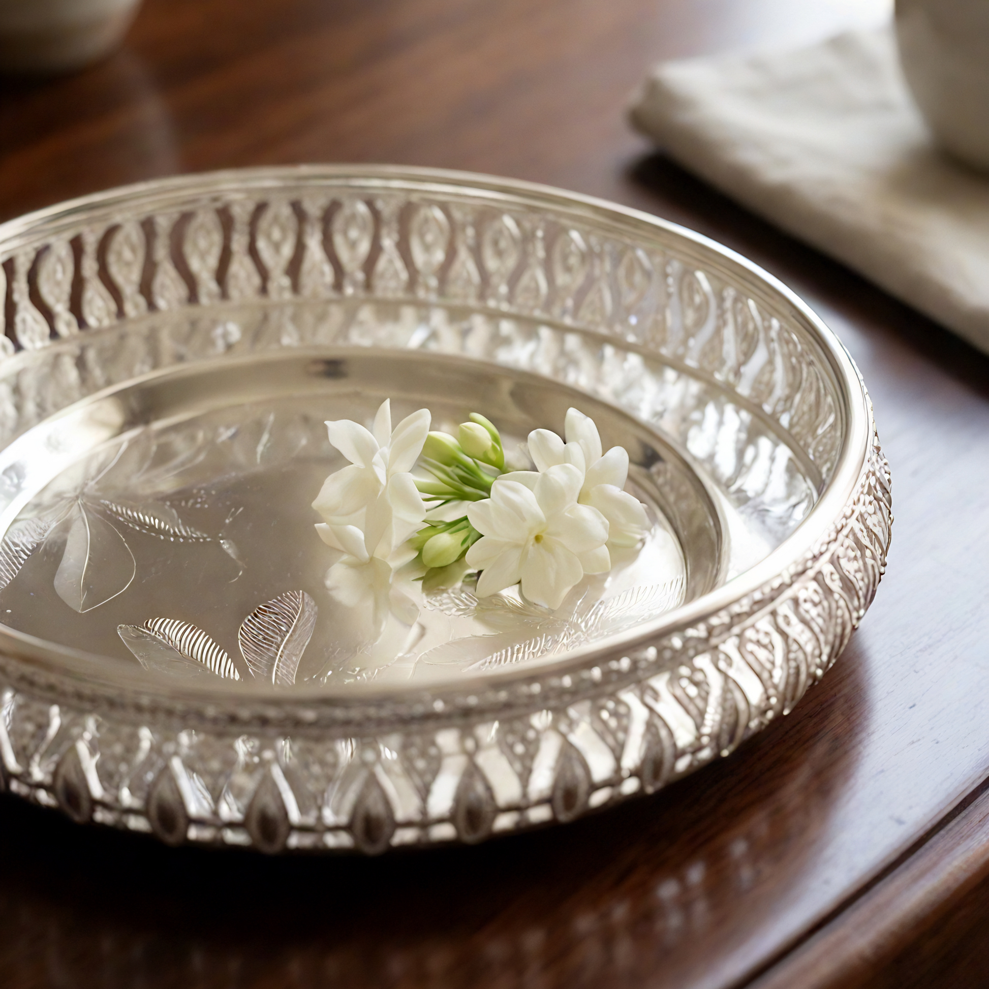 Silver filigree lace tray — 999 silver plated — front view — Belysa Collective