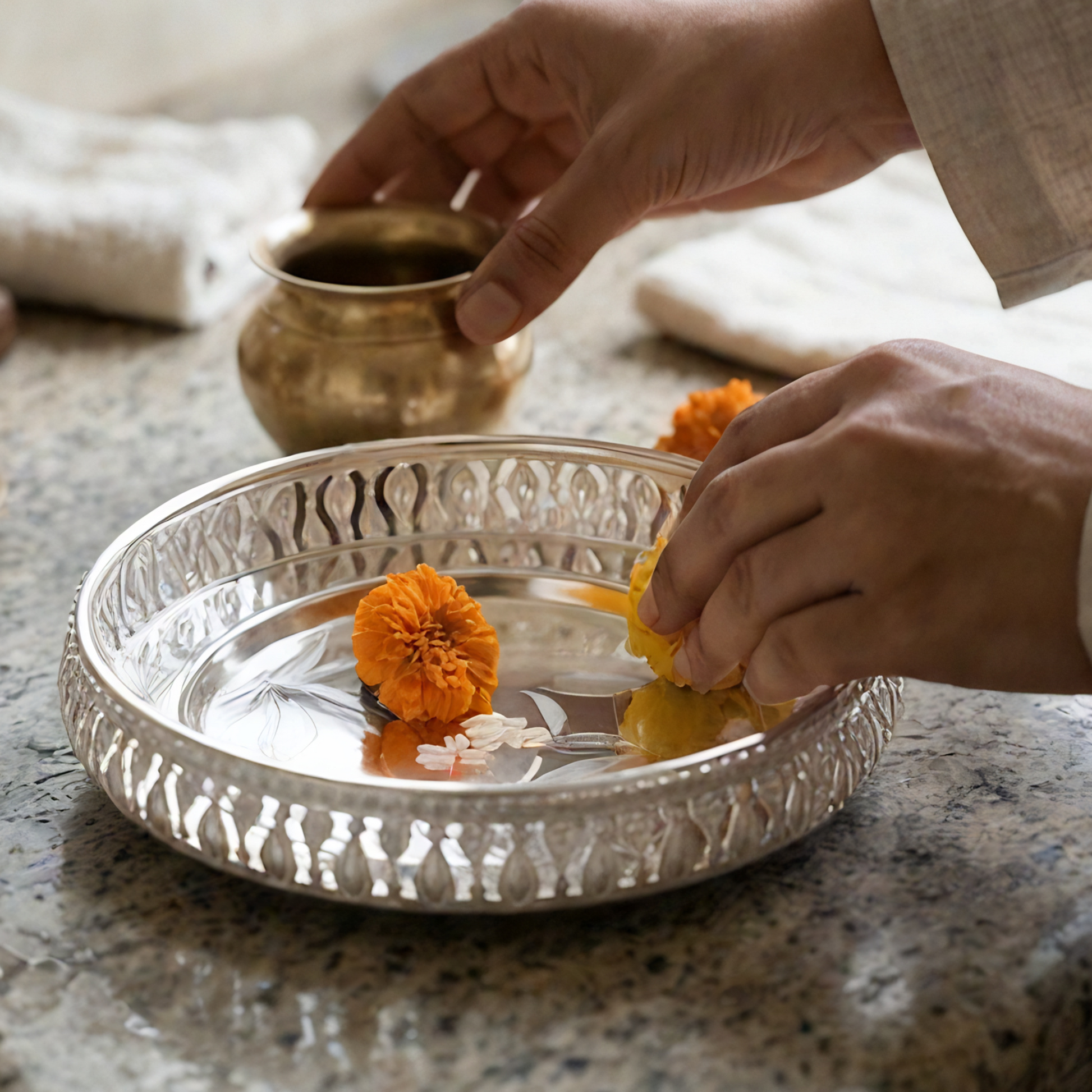 Silver plated filigree tray — intricate lace work — detail view — Belysa Collective