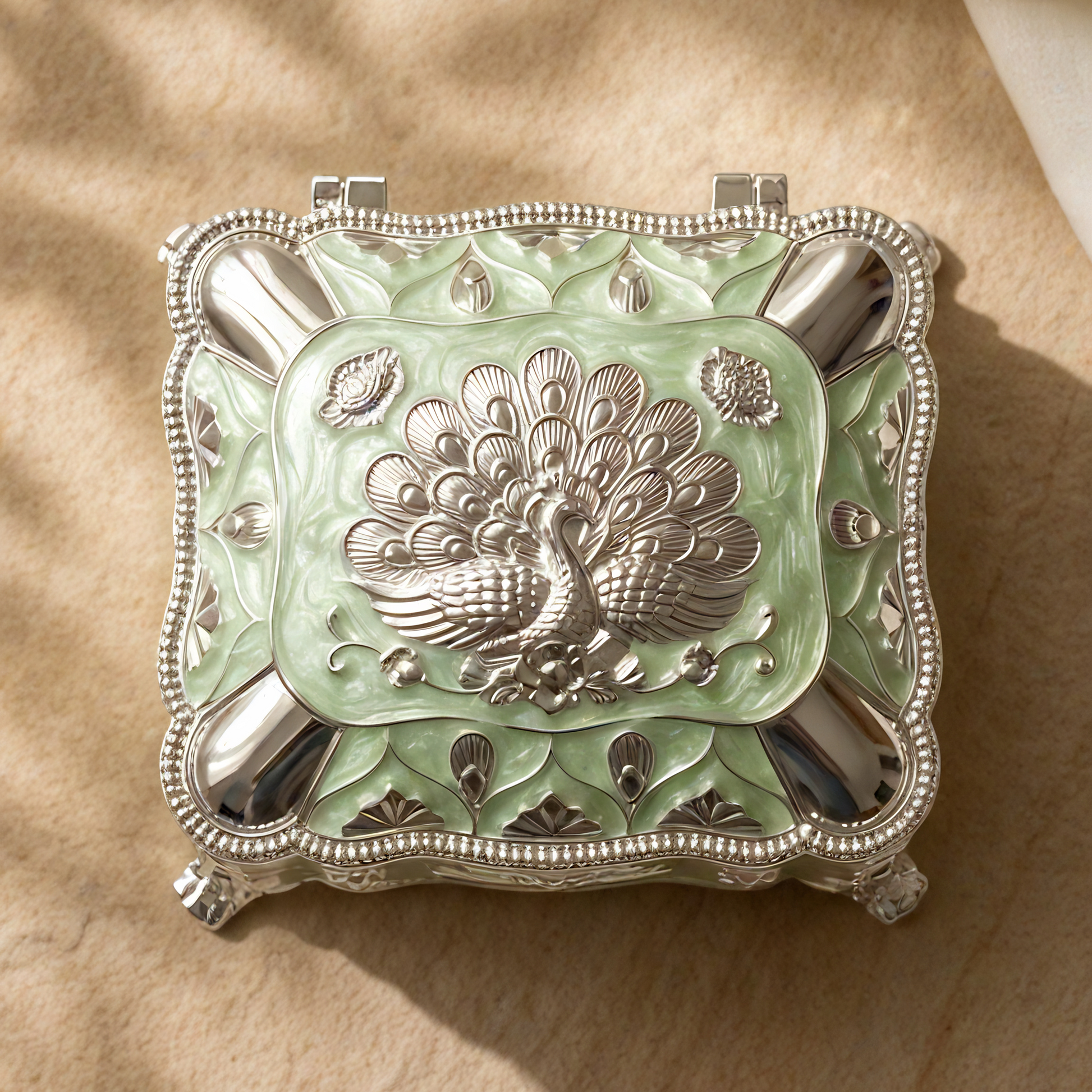 Peacock jewellery box silver enamel — detail view — Indian craft — Belysa Collective