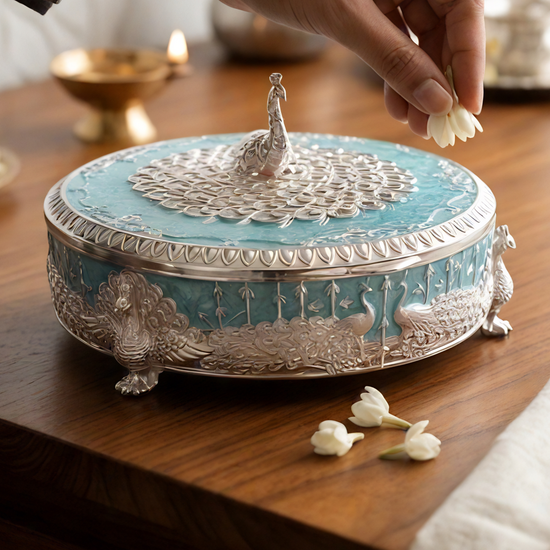 Silver plated teal mukhwas box — open view — Indian home ritual décor — Belysa Collective