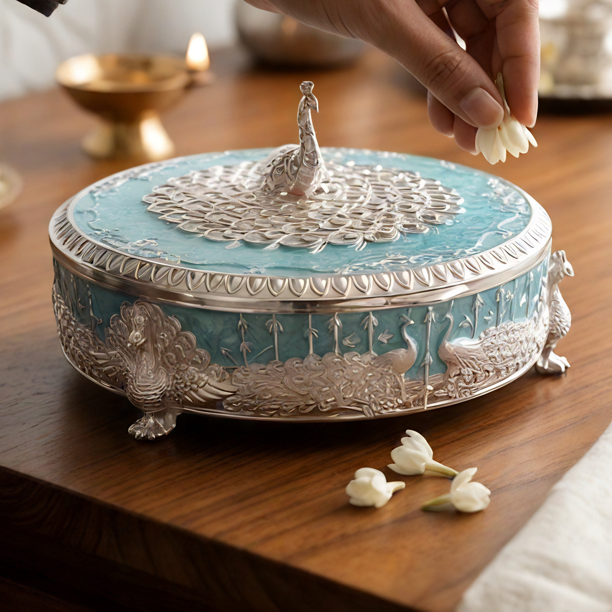 Silver plated teal mukhwas box — open view — Indian home ritual décor — Belysa Collective
