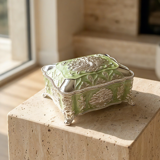 Peacock Jewellery Box Silver Plated Enamel — side view — wedding and Diwali gift — Belysa Collective