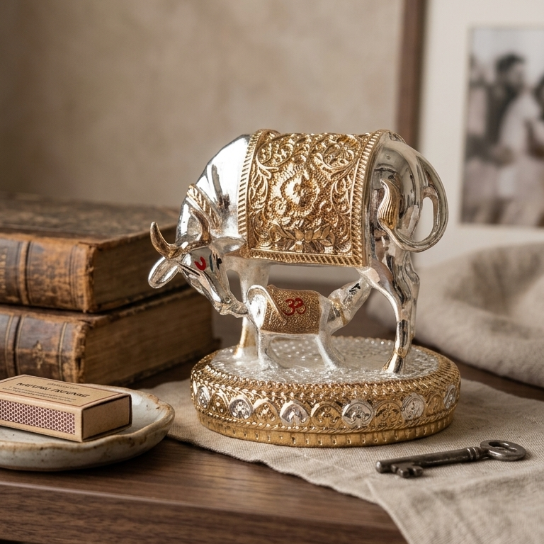 Vastu Kamdhenu Cow with Calf 24K Gold 999 Silver — 3.5 inch — home prosperity — Belysa Collective
