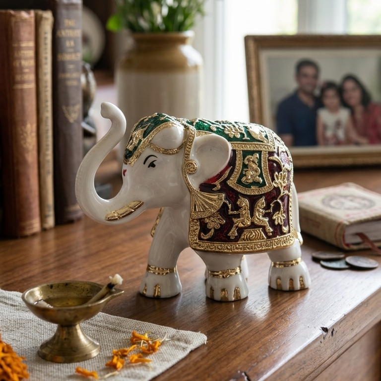 Sacred Elephant White Enamel Mena Work — 3 inch — front view — festive gift — Belysa Collective