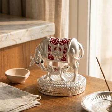 Kamdhenu Cow with Calf 999 Silver Plated with Mena Work — 3.5 inch — home mandir — Belysa Collective