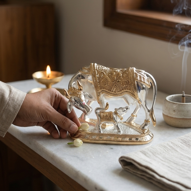 Kamdhenu sacred cow silver plated — 7 inch — front view — home mandir gift — Belysa Collective