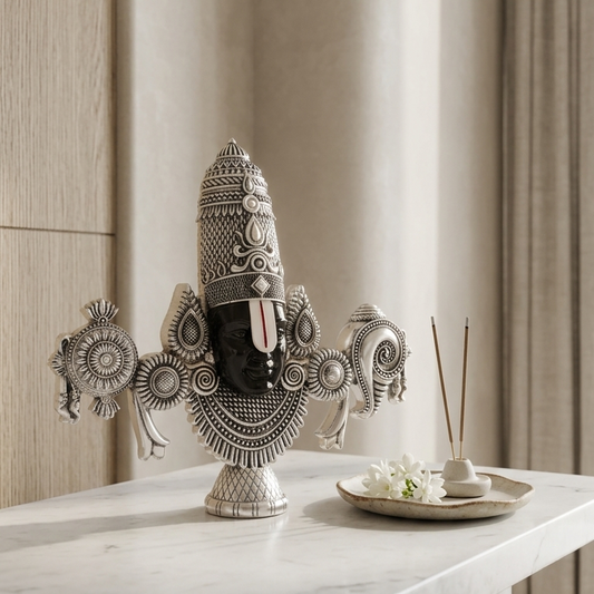 Lord Balaji silver face idol — 7 inch — front view — home mandir — Belysa Collective