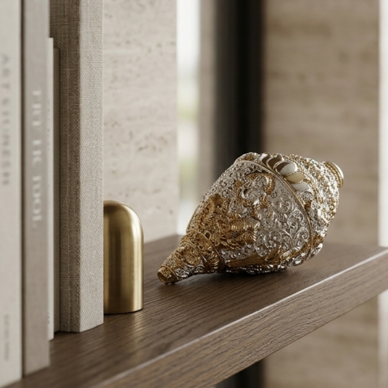 Gold and Silver Plated Ganesh Shankh on Shelf — Luxury Spiritual Home Décor
