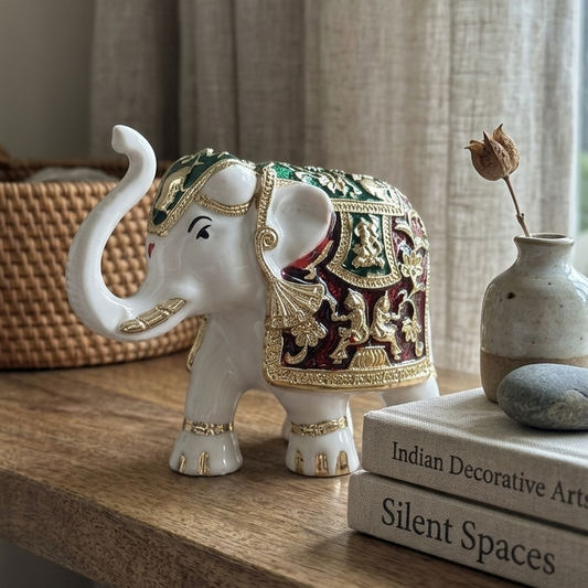 Sacred Elephant White Enamel and Mena Work — 3 inch — side view — Belysa Collective