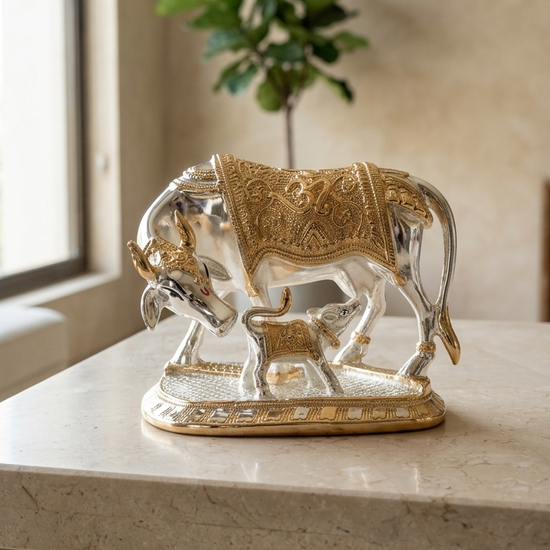 Kamdhenu Cow with Calf 999 Silver Plated — 7 inch — wish-fulfilling sacred cow idol — Belysa Collective
