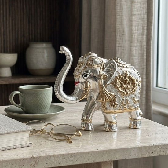 Elephant idol gold silver finish — 3 inch — detail view — Indian craft — Belysa Collective