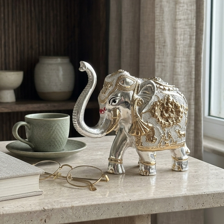 Elephant idol gold silver finish — 3 inch — detail view — Indian craft — Belysa Collective