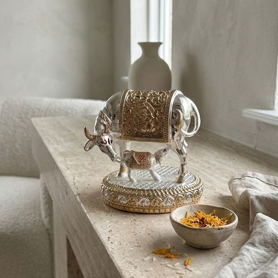 Vastu Kamdhenu Cow gold silver plated — 3.5 inch — side view — auspicious décor — Belysa Collective