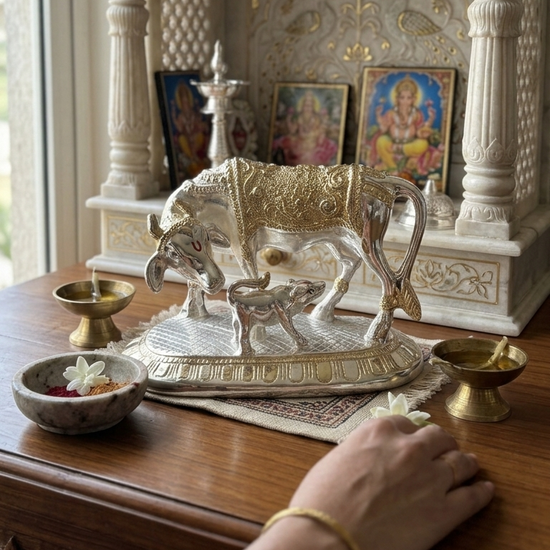 Kamdhenu Cow and Calf gold silver plated — 5 inch — side view — vastu décor — Belysa Collective