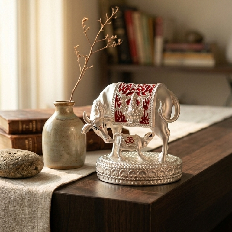 Kamdhenu Cow Mena work idol — 999 silver — 3.5 inch — side view — Belysa Collective