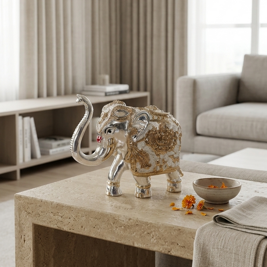 Sacred Elephant gold silver plated — 3 inch — side view — Indian home décor — Belysa Collective