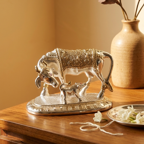 Kamdhenu Cow with Calf 24K Gold 999 Silver Plated — 5 inch — wish-fulfilling idol — Belysa Collective