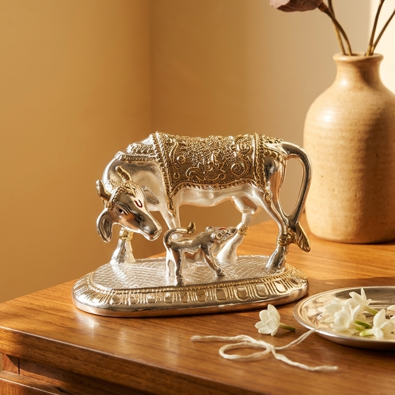 Kamdhenu Cow with Calf 24K Gold 999 Silver Plated — 5 inch — wish-fulfilling idol — Belysa Collective