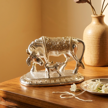 Kamdhenu Cow with Calf 24K Gold 999 Silver Plated — 5 inch — wish-fulfilling idol — Belysa Collective