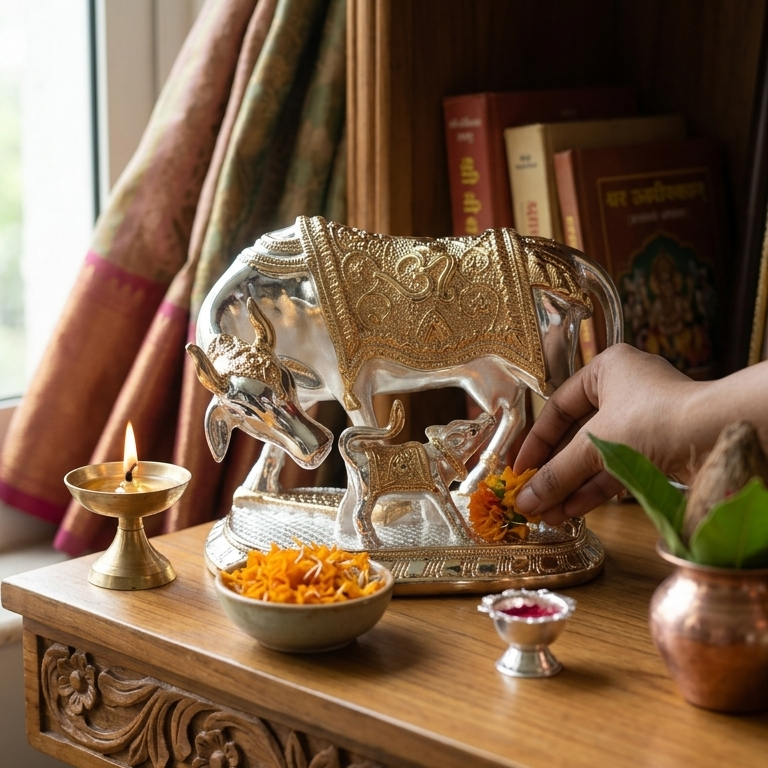 Kamdhenu Cow with Calf 7 inch silver plated — back view — auspicious gifting — Belysa Collective