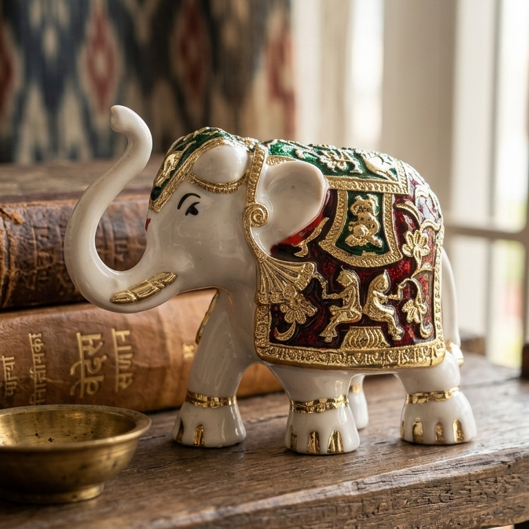Sacred Elephant white enamel idol — 3 inch — back view — Indian craft — Belysa Collective
