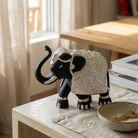Elephant idol matte black — 3 inch — back view — Indian craft gift — Belysa Collective