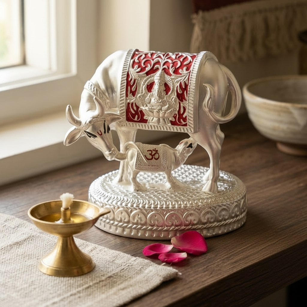 Kamdhenu sacred cow with calf Mena Work enamel — 3.5 inch — detail view — Belysa Collective