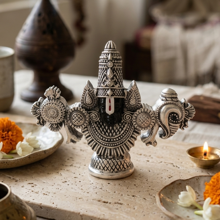 Lord Balaji Face idol 999 silver — 5 inch — puja room sacred décor — Belysa Collective