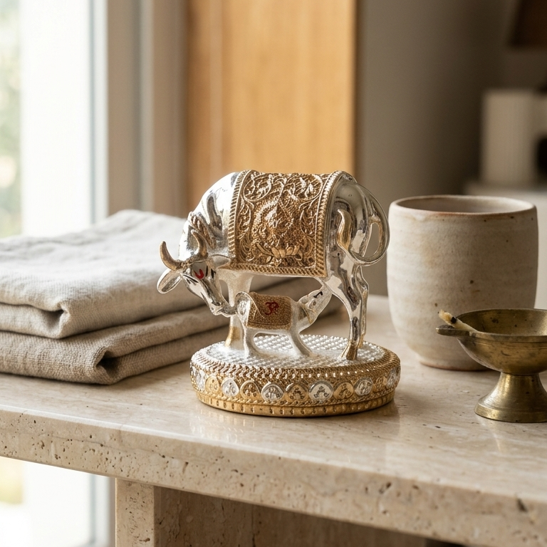 Kamdhenu Cow vastu idol — 3.5 inch — front view — 999 silver plated — Belysa Collective