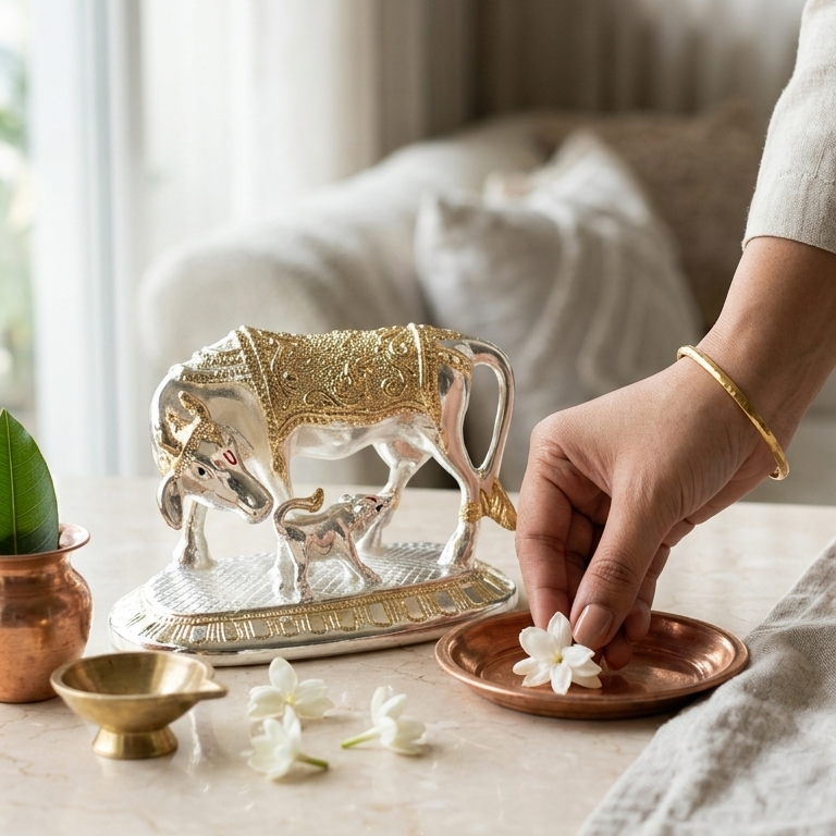 Kamdhenu sacred cow 24K gold silver — 5 inch — home mandir gift — Belysa Collective