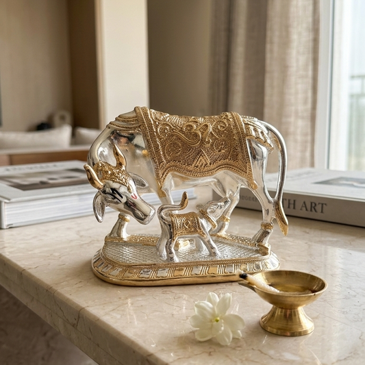 Kamdhenu Cow and Calf silver idol — 7 inch — side view — vastu home décor — Belysa Collective